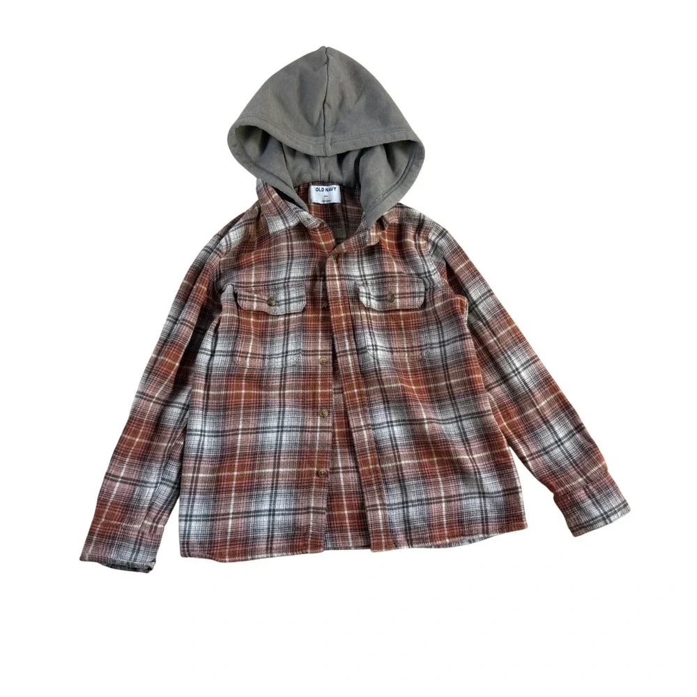 Old Navy Kids Plaid Hooded Flannel Shirt Rust Brown Grey Size M 8‎ Long Sleeve